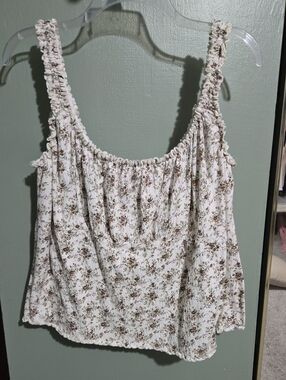Floral Ruched Strap Tank Top - Cream/Brown